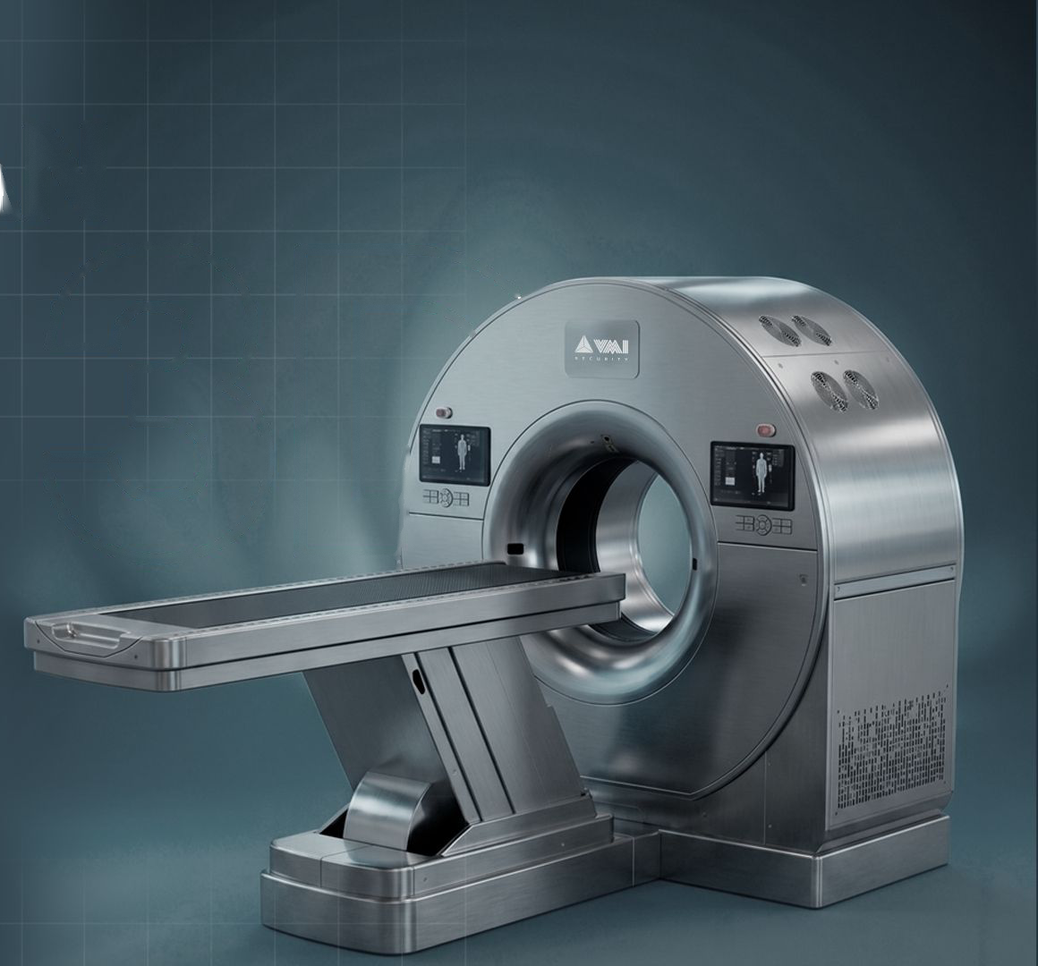 Tomógrafo Spectrum Flatscan 3D em perspectiva, com a maca estendida à frente do gantry